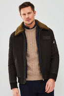 Falcon Men's Brown Embroidered Collar Fur Leather Pilot Jacket | Derimod Falcon Men's Brown Embroidered Collar Fur Leather Pilot Jacket | Derimod