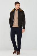 Falcon Men's Brown Embroidered Collar Fur Leather Pilot Jacket | Derimod Falcon Men's Brown Embroidered Collar Fur Leather Pilot Jacket | Derimod