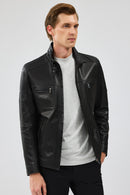Wade Men's Black Slim-Fit Leather Coat | Derimod Wade Men's Black Slim-Fit Leather Coat | Derimod