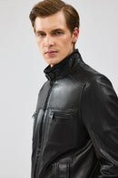 Wade Men's Black Slim-Fit Leather Coat | Derimod Wade Men's Black Slim-Fit Leather Coat | Derimod