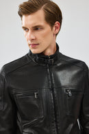 Wade Men's Black Slim-Fit Leather Coat | Derimod Wade Men's Black Slim-Fit Leather Coat | Derimod