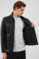 Wade Men's Black Slim-Fit Leather Coat | Derimod Wade Men's Black Slim-Fit Leather Coat | Derimod
