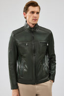 Wade Men's Khaki Slim-Fit Leather Coat | Derimod Wade Men's Khaki Slim-Fit Leather Coat | Derimod