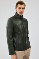 Wade Men's Khaki Slim-Fit Leather Coat | Derimod Wade Men's Khaki Slim-Fit Leather Coat | Derimod