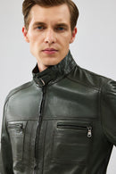 Wade Men's Khaki Slim-Fit Leather Coat | Derimod Wade Men's Khaki Slim-Fit Leather Coat | Derimod