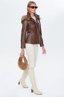 Vera Kadın Kahverengi Kapüşonlu Deri Mont | Derimod Vera Kadın Kahverengi Kapüşonlu Deri Mont | Derimod