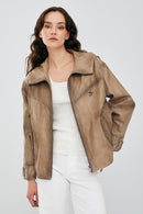 Darlen Kadın Bej Oversize Kapüşonlu Deri Ceket | Derimod Darlen Kadın Bej Oversize Kapüşonlu Deri Ceket | Derimod