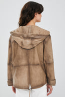 Darlen Kadın Bej Oversize Kapüşonlu Deri Ceket | Derimod Darlen Kadın Bej Oversize Kapüşonlu Deri Ceket | Derimod