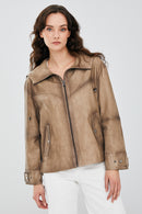 Darlen Kadın Bej Oversize Kapüşonlu Deri Ceket | Derimod Darlen Kadın Bej Oversize Kapüşonlu Deri Ceket | Derimod