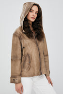 Darlen Kadın Bej Oversize Kapüşonlu Deri Ceket | Derimod Darlen Kadın Bej Oversize Kapüşonlu Deri Ceket | Derimod