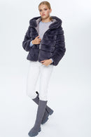 Pavia Kadın Antrasit Kapüşonlu Peluş Deri Mont | Derimod Pavia Kadın Antrasit Kapüşonlu Peluş Deri Mont | Derimod