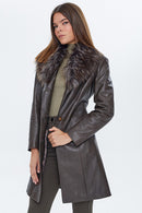 Christina Women's Mink Fur Long Leather Coat | Derimod Christina Women's Mink Fur Long Leather Coat | Derimod