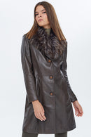 Christina Women's Mink Fur Long Leather Coat | Derimod Christina Women's Mink Fur Long Leather Coat | Derimod