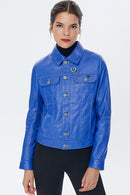 Kiss Women's Navy Blue Leather Jacket | Derimod Kiss Women's Navy Blue Leather Jacket | Derimod