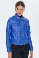 Kiss Women's Navy Blue Leather Jacket | Derimod Kiss Women's Navy Blue Leather Jacket | Derimod