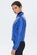 Kiss Women's Navy Blue Leather Jacket | Derimod Kiss Women's Navy Blue Leather Jacket | Derimod