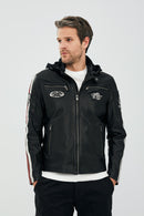 Formula Men's Black Embroidered Hooded Sports Leather Coat | Derimod Formula Men's Black Embroidered Hooded Sports Leather Coat | Derimod
