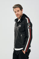 Formula Men's Black Embroidered Hooded Sports Leather Coat | Derimod Formula Men's Black Embroidered Hooded Sports Leather Coat | Derimod
