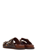 Women's Brown Studded Leather Slippers | Derimod Women's Brown Studded Leather Slippers | Derimod