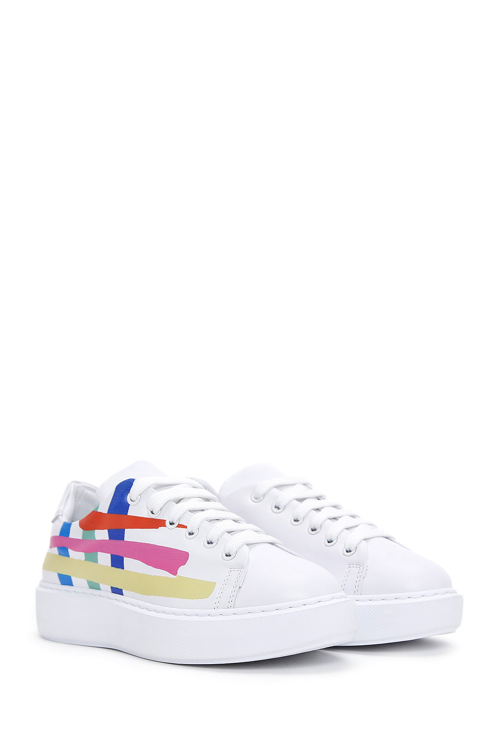 Kadın Beyaz Çok Renkli Deri Kalın Tabanlı Sneaker