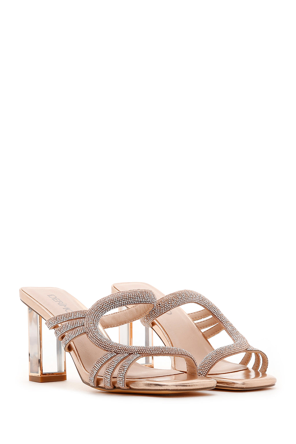 Kadın Pembe Altın Taşlı Topuklu Terlik