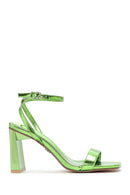 Women's Green Metallic Single Strap Heeled Sandals | Derimod Women's Green Metallic Single Strap Heeled Sandals | Derimod