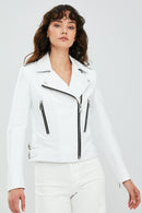 Latoya Women's White Biker Leather Jacket | Derimod Latoya Women's White Biker Leather Jacket | Derimod