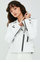 Latoya Women's White Biker Leather Jacket | Derimod Latoya Women's White Biker Leather Jacket | Derimod