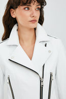 Latoya Women's White Biker Leather Jacket | Derimod Latoya Women's White Biker Leather Jacket | Derimod