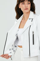 Latoya Women's White Biker Leather Jacket | Derimod Latoya Women's White Biker Leather Jacket | Derimod
