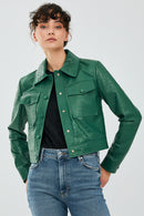 Tina Women's Green Short Leather Jacket | Derimod Tina Women's Green Short Leather Jacket | Derimod