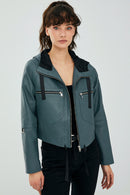 Stella Kadın Petrol Yeşili Oversize Kapüşonlu Kısa Deri Ceket | Derimod Stella Kadın Petrol Yeşili Oversize Kapüşonlu Kısa Deri Ceket | Derimod