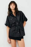 Goldy Black Women's Short Sleeve Leather Jacket | Derimod Goldy Black Women's Short Sleeve Leather Jacket | Derimod