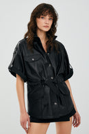 Goldy Black Women's Short Sleeve Leather Jacket | Derimod Goldy Black Women's Short Sleeve Leather Jacket | Derimod