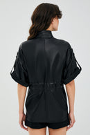 Goldy Black Women's Short Sleeve Leather Jacket | Derimod Goldy Black Women's Short Sleeve Leather Jacket | Derimod