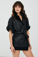 Goldy Black Women's Short Sleeve Leather Jacket | Derimod Goldy Black Women's Short Sleeve Leather Jacket | Derimod