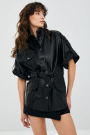 Goldy Black Women's Short Sleeve Leather Jacket | Derimod Goldy Black Women's Short Sleeve Leather Jacket | Derimod