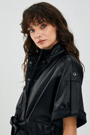 Goldy Black Women's Short Sleeve Leather Jacket | Derimod Goldy Black Women's Short Sleeve Leather Jacket | Derimod