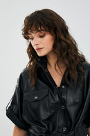 Goldy Black Women's Short Sleeve Leather Jacket | Derimod Goldy Black Women's Short Sleeve Leather Jacket | Derimod