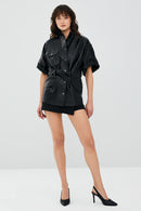 Goldy Black Women's Short Sleeve Leather Jacket | Derimod Goldy Black Women's Short Sleeve Leather Jacket | Derimod