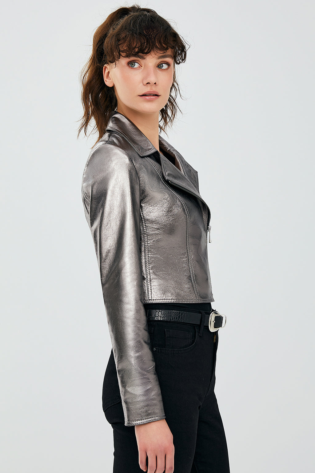 Joy Gümüş Kadın Biker Kısa Deri Ceket
