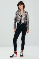 Joy Gümüş Kadın Biker Kısa Deri Ceket | Derimod Joy Gümüş Kadın Biker Kısa Deri Ceket | Derimod