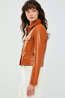 Emma Tile Women's Short Leather Jacket | Derimod Emma Tile Women's Short Leather Jacket | Derimod