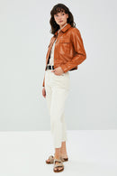 Emma Tile Women's Short Leather Jacket | Derimod Emma Tile Women's Short Leather Jacket | Derimod