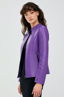 Joel Women's Purple Slim-Fit Short Leather Jacket | Derimod Joel Women's Purple Slim-Fit Short Leather Jacket | Derimod