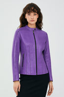 Joel Women's Purple Slim-Fit Short Leather Jacket | Derimod Joel Women's Purple Slim-Fit Short Leather Jacket | Derimod
