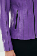Joel Women's Purple Slim-Fit Short Leather Jacket | Derimod Joel Women's Purple Slim-Fit Short Leather Jacket | Derimod