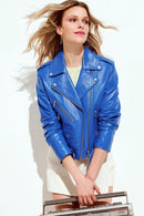 Newage Kadın Mavi Biker Deri Ceket | Derimod Newage Kadın Mavi Biker Deri Ceket | Derimod