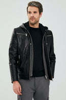 Danger Black Men's Hooded Sports Leather Jacket | Derimod Danger Black Men's Hooded Sports Leather Jacket | Derimod
