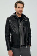Danger Black Men's Hooded Sports Leather Jacket | Derimod Danger Black Men's Hooded Sports Leather Jacket | Derimod